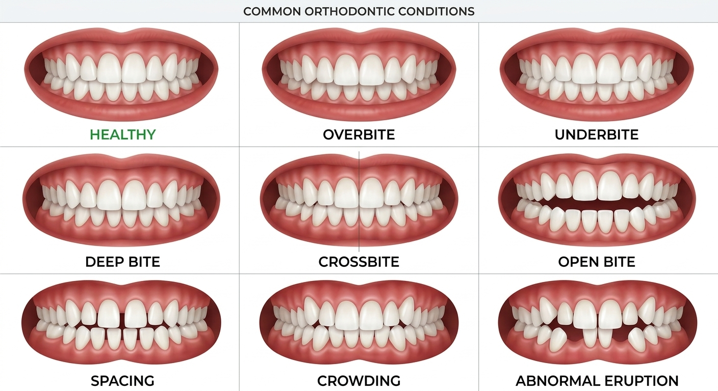 Healthy bite with well-aligned teeth and normal occlusion, front view of a smile to indicate good dental alignment.