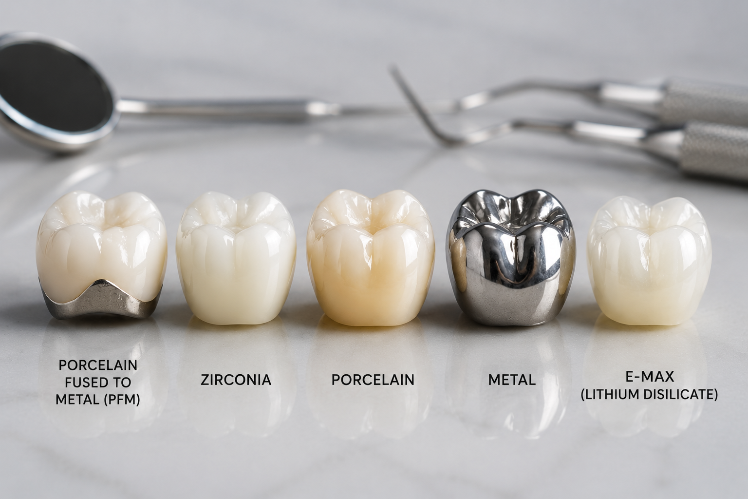 Row of dental crowns showing materials: porcelain fused to metal, zirconia, porcelain, metal, and E-max (lithium disilicate).