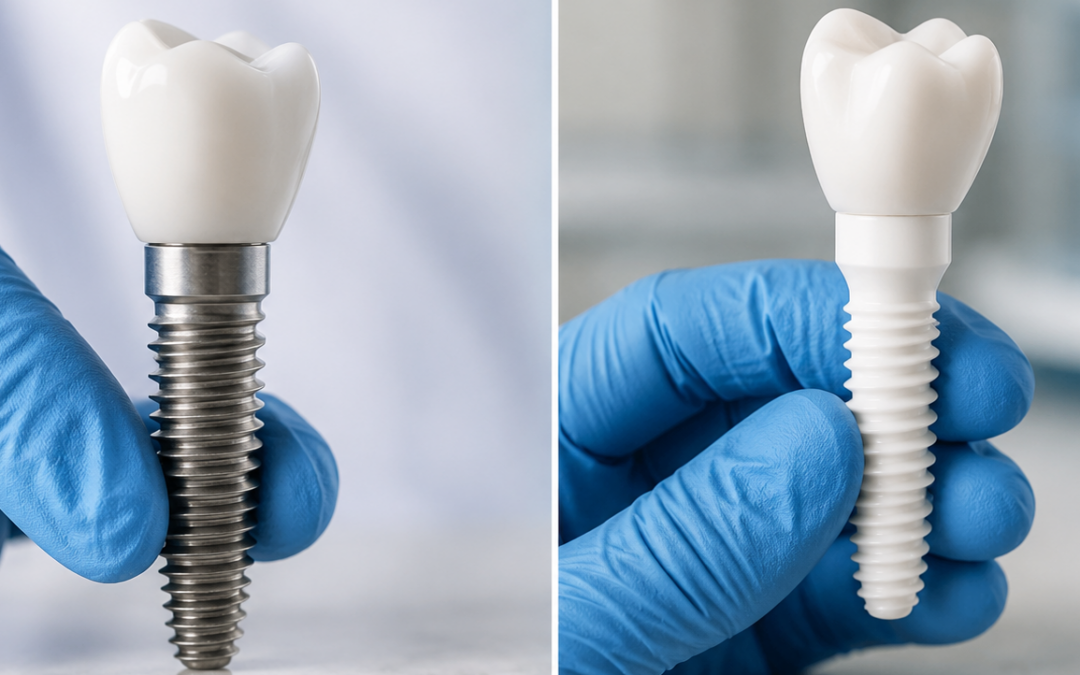 Two dental implants: left is a metal screw implant with a tooth crown, right is a white ceramic implant held by gloved fingers.