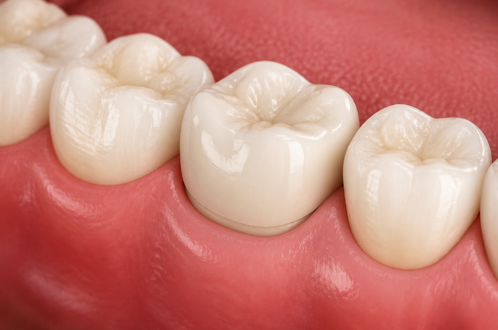 Close-up of white molar teeth along the pink gum line, showing smooth enamel and healthy gums