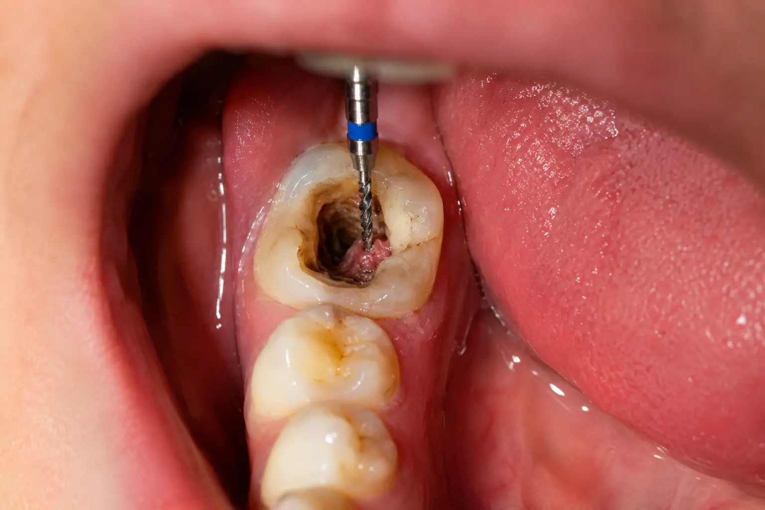 Dentist drilling into a decayed upper molar; the drill is inside the tooth cavity within a patient’s open mouth.
