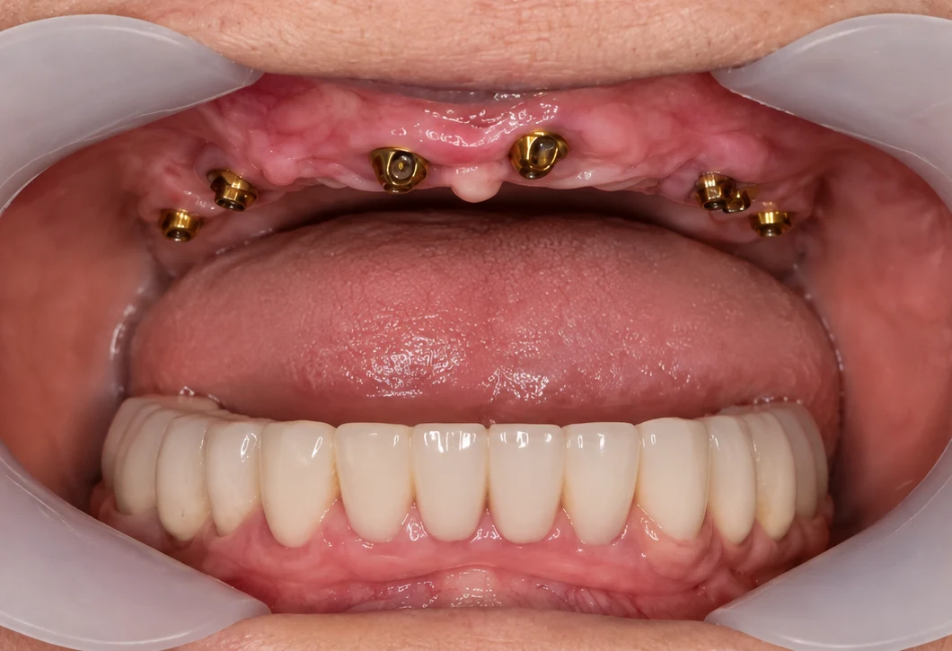 before - Impladent Upper jaw shows several gold dental implant posts in the gum ridge; lower jaw has a full denture in place.